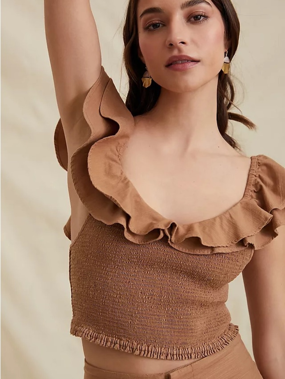 Maeve Brown Ruffle Off-Shoulder Smocked Crop Top